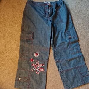 Oilily Blue Wide Leg Jeans with Floral Embroidery  CAPRI LENGTH